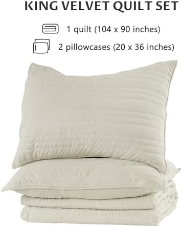 KASENTEX Luxury Velvet King Quilt Set 104x90 Light Khaki
