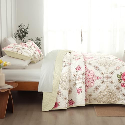 Menghomeus Pink Big Floral Reversible Quilt Set