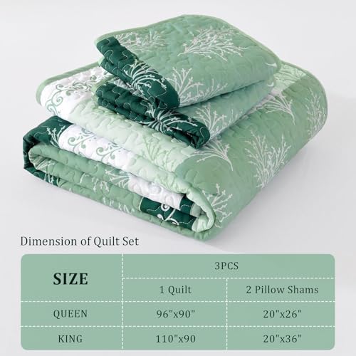 DJY Boho Quilt Set with 3 Pieces King Green Striped Floral Bedspread