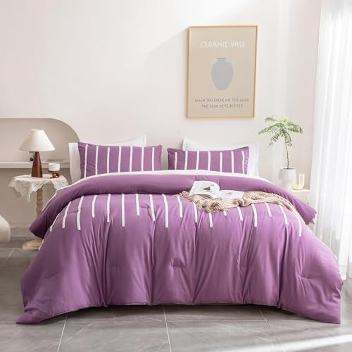 3Pcs Tufted Duvet Cover Set Purple Super King Comforter with Matching Pillows