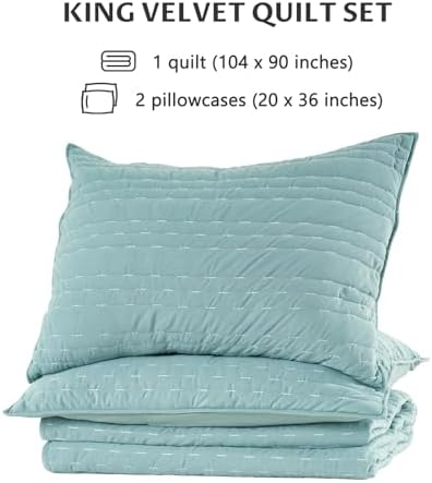 KASENTEX King Size Velvet Quilt Set 3 Pieces Lake Blue