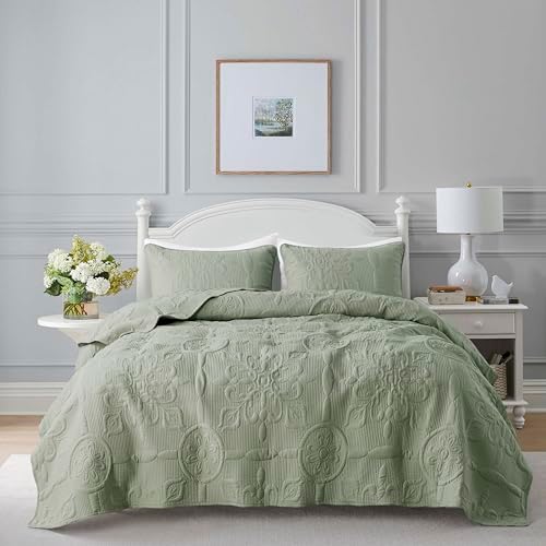 B2EVER Green Damask Queen Quilt Set with 2 Pillow Shams