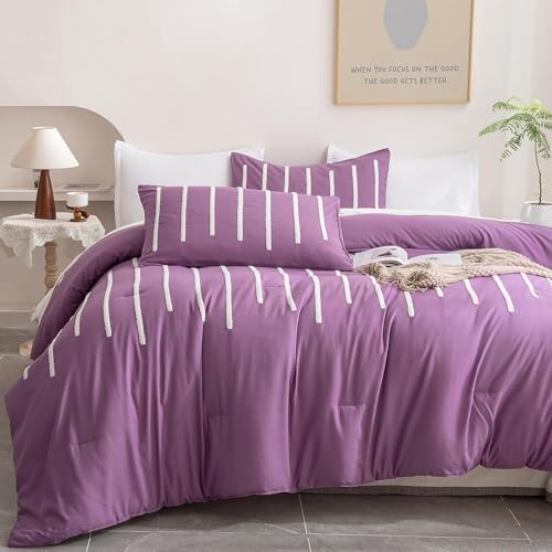3Pcs Tufted Duvet Cover Set Purple Super King Comforter with Matching Pillows