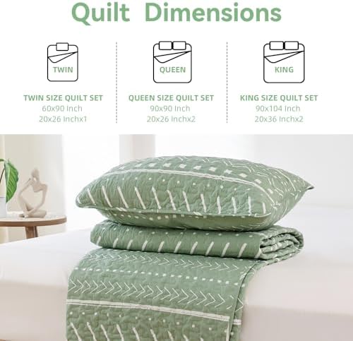 JANZAA Boho King Quilt Set 3PCS Sage Green