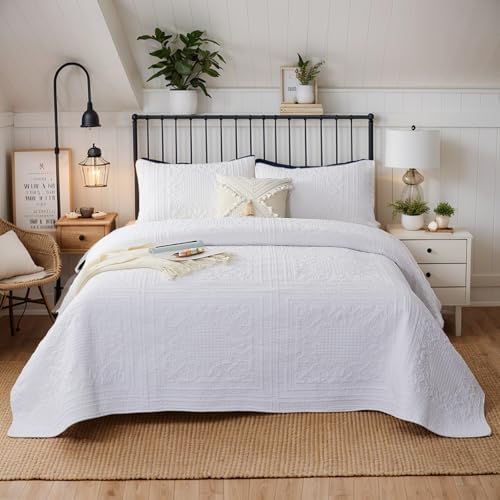 Brandream White Cotton Queen Quilt Set 3PCs