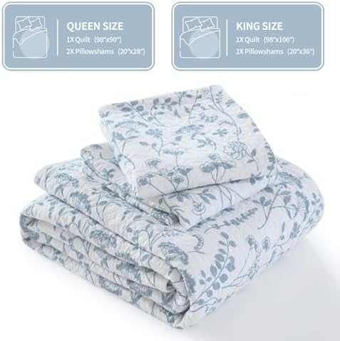 KALOOLA Summer Cotton Blue Floral King Quilt Set