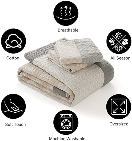 PANGUSHAN Queen Quilt Set 3 Pieces 100 Cotton Reversible Patchwork Quilt