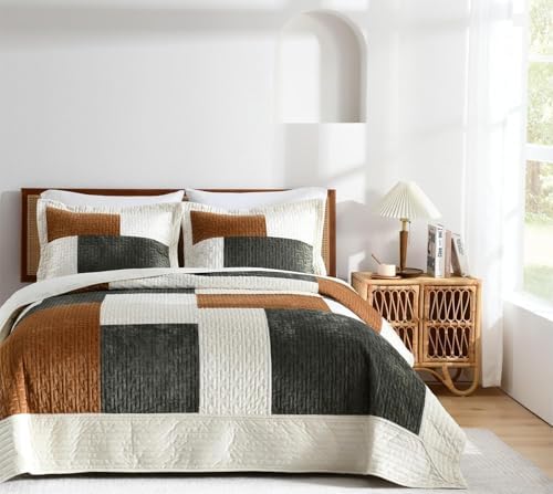 Grassix Velvet Queen Quilt Set - 90x96 Green Gold 3-Piece All Seasons