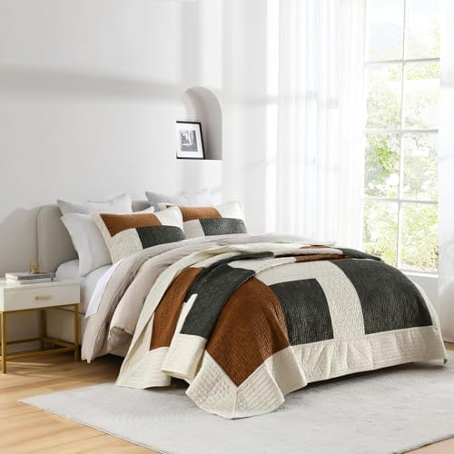 Grassix Velvet Queen Quilt Set - 90x96 Green Gold 3-Piece All Seasons