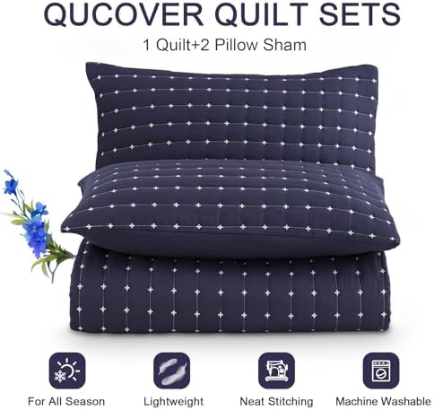 Qucover Cal King Quilt Set with Pillow Shams Navy Blue Cross Stitch Design