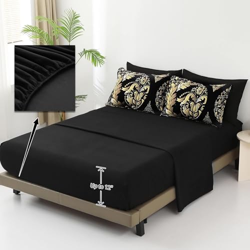 Anibedding Black Gold Damask Comforter Set California King