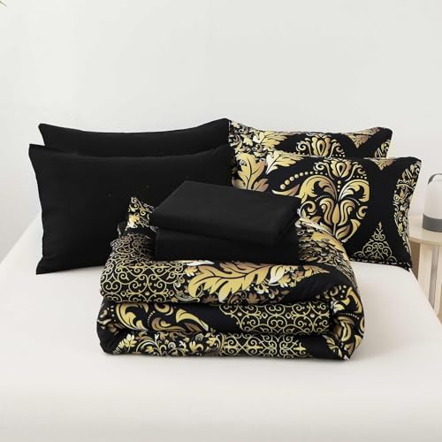 Anibedding Black Gold Damask Comforter Set California King