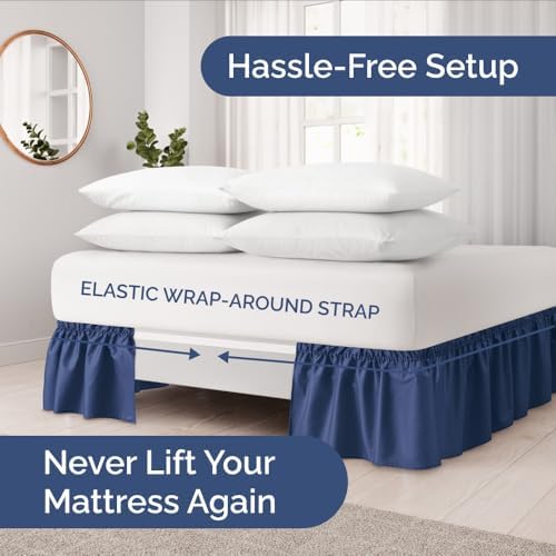 Wrap Around Dust Ruffle Bed Skirt 2 Pillowcases Bundle - Navy Blue