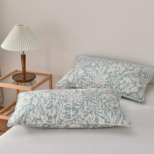DURLENGEN Bluish Grey Botanical Quilt Set Queen 3Pcs