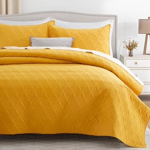 Lavsiry Mustard Yellow Quilt Set California King Size 3 Piece