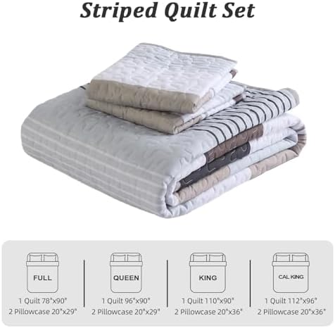 Dinjoy Grey Boho Striped California King Quilt Set