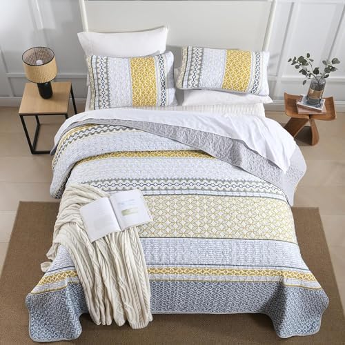 DJY Boho Yellow Grey Striped Quilt Set