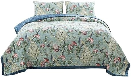 Benjara Eden 3 Piece King Quilt Set Peacock Print