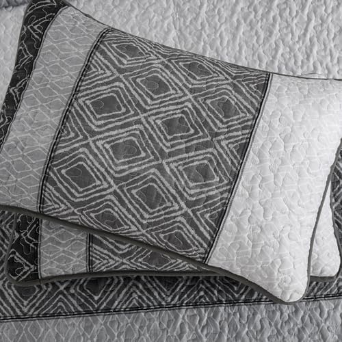 Cottolester Boho Quilt Set 3 Pieces Full Size Grey Striped Plaid