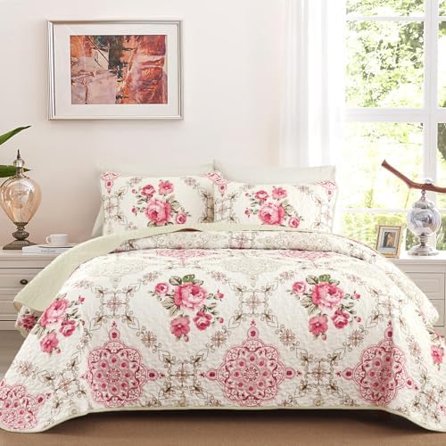 Menghomeus Pink Big Floral Reversible Quilt Set