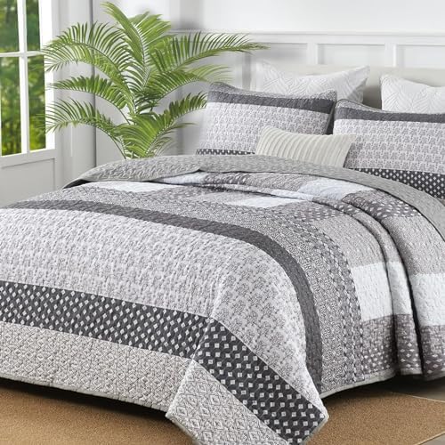 WONGS BEDDING Grey Boho Queen Quilt Set 3 pcs