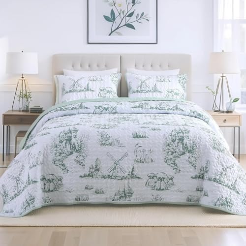 Sage Green Botanical Quilt Set King Size 3 Piece