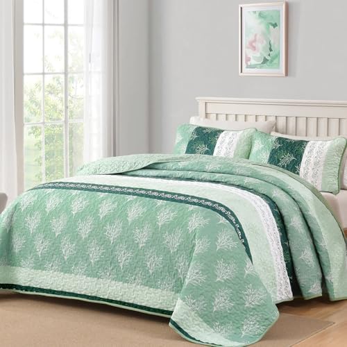 DJY Boho Quilt Set with 3 Pieces King Green Striped Floral Bedspread