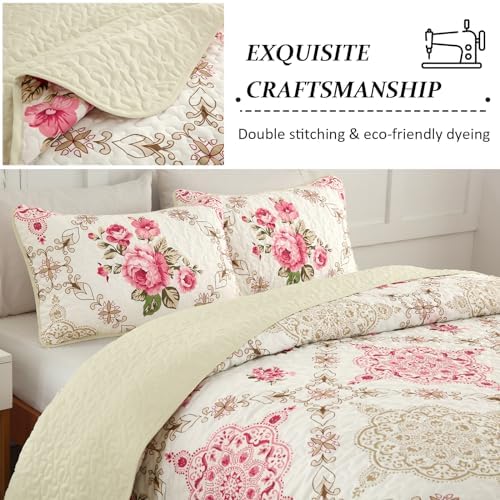 Menghomeus Pink Big Floral Reversible Quilt Set