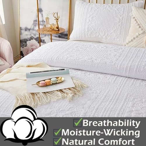 Brandream White Cotton Queen Quilt Set 3PCs