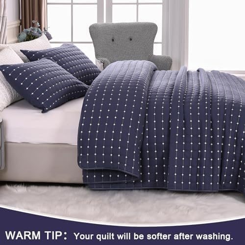 Qucover Cal King Quilt Set with Pillow Shams Navy Blue Cross Stitch Design