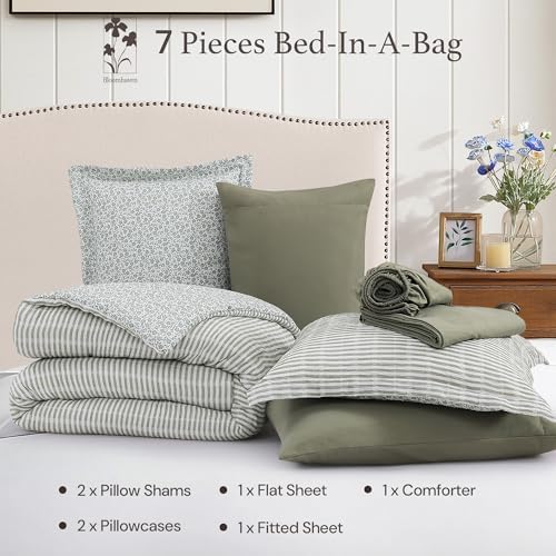 BLOOMHAVEN Full Comforter Set 7 Pieces Green Gauze Muslin Bedding