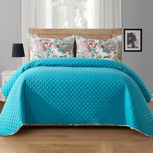Elegant Comfort Reversible Paisley Quilt Set - Queen Turquoise