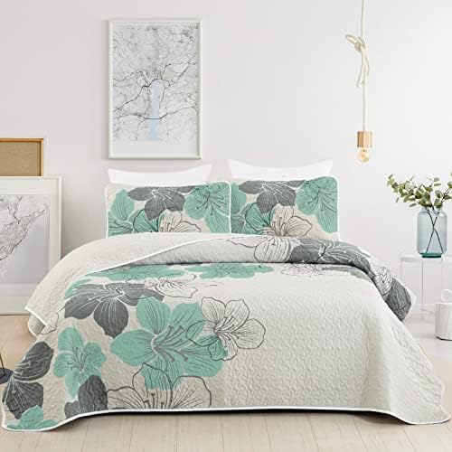 DJY 3 Piece Queen Quilt Set with Green Floral Pattern