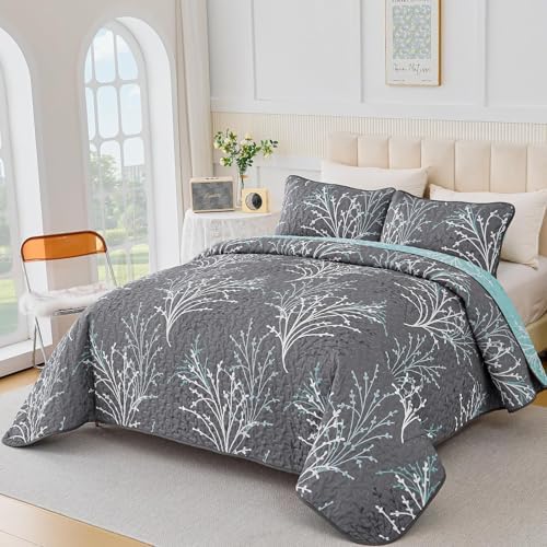 DJY Queen Size Reversible Quilt Set Grey Blue