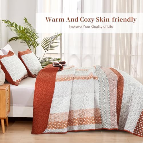 WONGS BEDDING Burnt Orange Boho Quilt Set Queen Size 3 Pieces