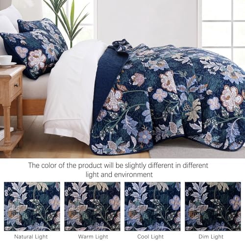 WONGS BEDDING Queen Quilt Set 3 PC Navy Blue Floral Bedspread