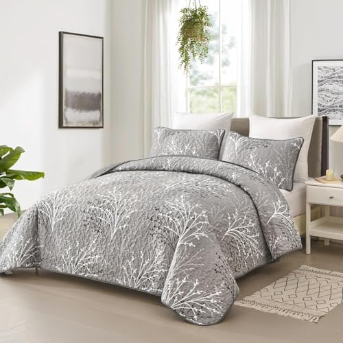 DJY Grey Botanical Quilt Set King Size 3-Piece