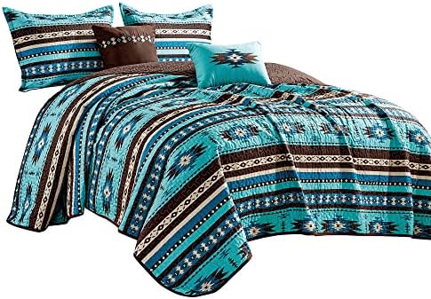 Linen Mart Southwestern Turquoise Turquoise Tan Aztec Coverlet - 5 Piece Set Queen