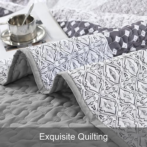 WONGS BEDDING Grey Boho Queen Quilt Set 3 pcs