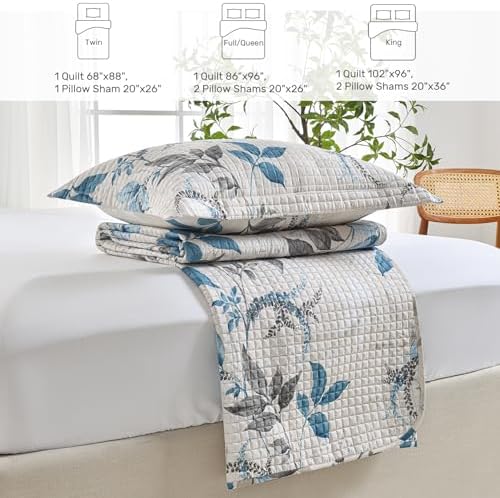 HollyHOME 3-Piece Quilt Set with Teal Gray Leaves Design