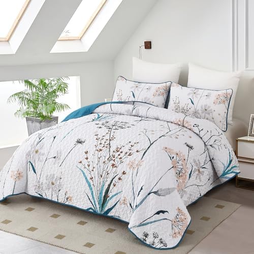 Dobuyly Teal Floral Queen Quilt 3-Piece Set