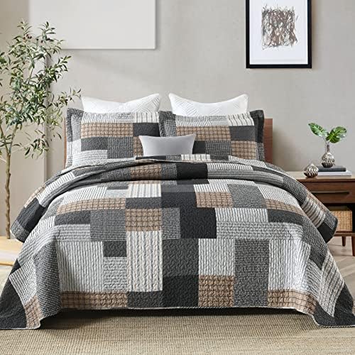 SahSahCasa King Quilt Set 3 Piece Grey Black Brown White
