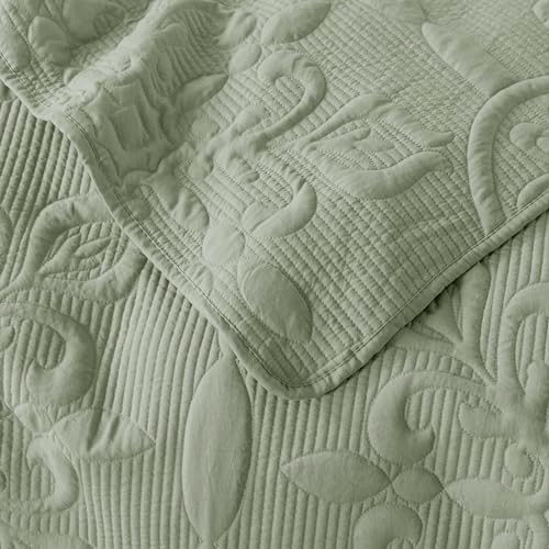 B2EVER Green Damask Queen Quilt Set with 2 Pillow Shams