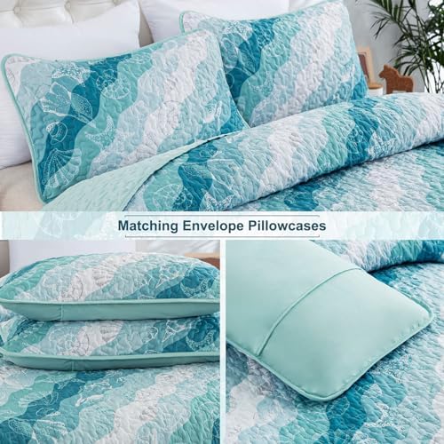 Dinjoy Coastal Blue Green King Size Quilt Set