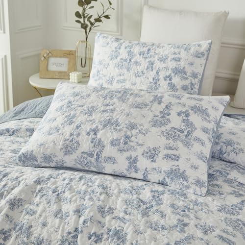 Brandream Cotton Toile Quilt Set 3-Piece Blue and White