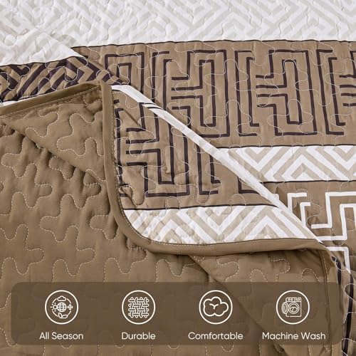DJY Queen Size Brown Striped Quilt Set 3 Pcs