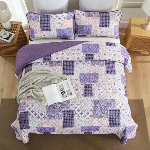Xruibed Plaid Patchwork Quilt Set Queen Size 3 Pieces