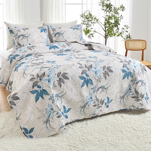 HollyHOME 3-Piece Quilt Set with Teal Gray Leaves Design