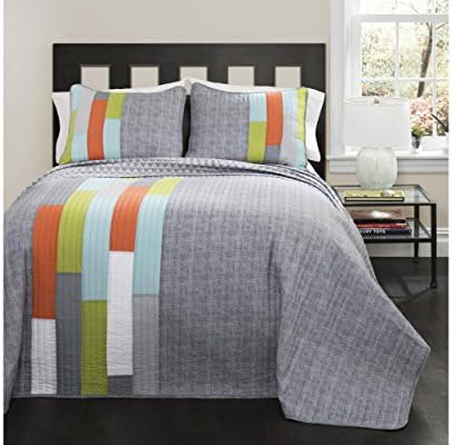 Lush Decor Shelly Stripe Quilt Set - King - Orange Gray 1