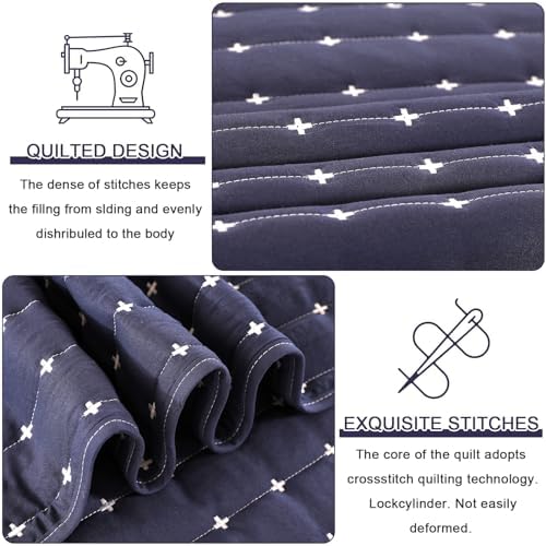 Qucover Cal King Quilt Set with Pillow Shams Navy Blue Cross Stitch Design